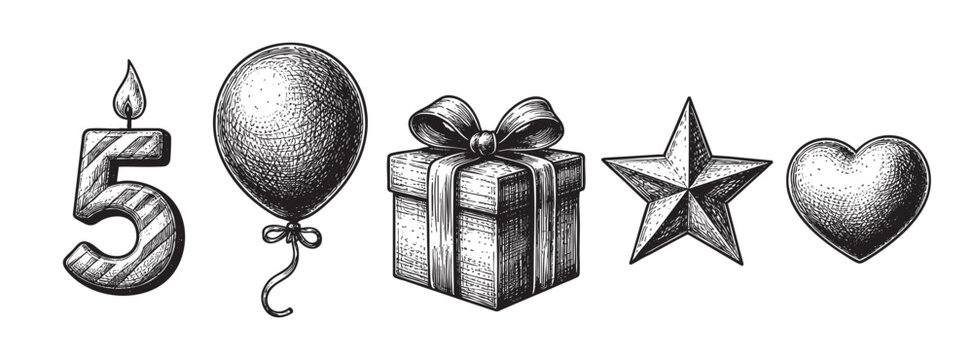 A retro-style black and white illustration featuring a lit number five candle, a balloon, a gift box with a bow, a star, and a heart on a white background.