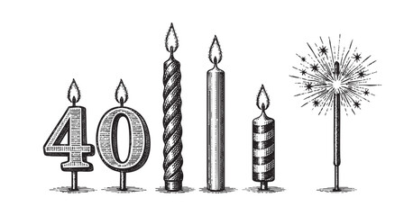 A vintage style engraving illustration features the number forty candles alongside assorted decorative candles and a sparkler, perfect for celebratory designs and anniversaries.