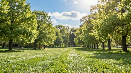 Sun shines over green park with trees lining the grassy path in spring season Generative AI