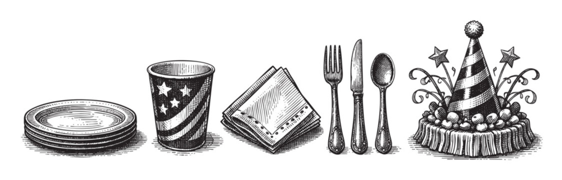 A black and white vintage illustration depicts stack of plates, a patriotic cup, folded napkins, silverware, and a festive party hat on a white background, perfect for holiday or event themes.
