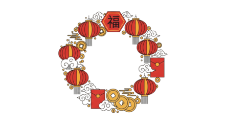 Vibrant chinese new year wreath isolated on transparent background