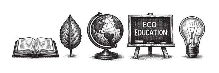 A vintage woodcut style illustration shows five symbols of education and environmental awareness, including an open book, leaf, globe, blackboard with "ECO EDUCATION," and a lightbulb.