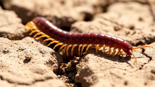 A brown centipede with orange legs crawls on dry cracked earth outdoors in nature.