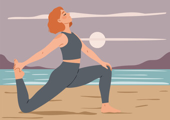 Woman doing fitness, performing yoga pose on a beach during sunset on the seashore. Mindful exercise for stress relief and physical wellness.