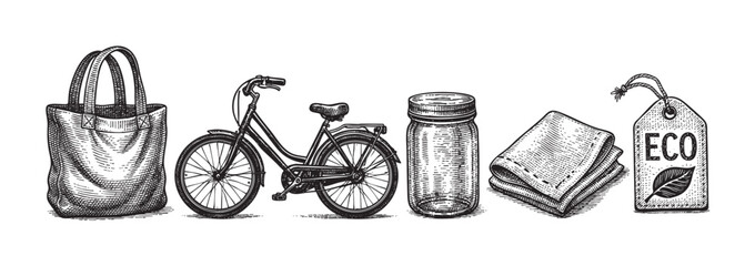 A line drawing in black and white depicts various sustainable objects including a tote bag, bicycle, glass jar, cloth, and an eco tag, representing an environmentally conscious lifestyle.
