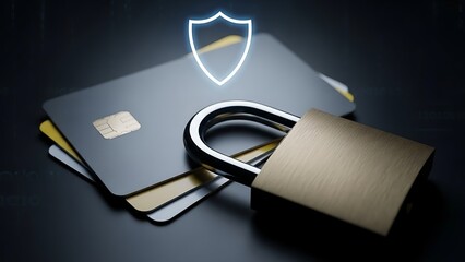 Secure credit card transactions with a padlock and shield icon on a dark background