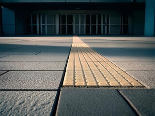 Yellow tactile paving path guiding visually impaired pedestrians safely to a modern building entrance with inclusive urban design