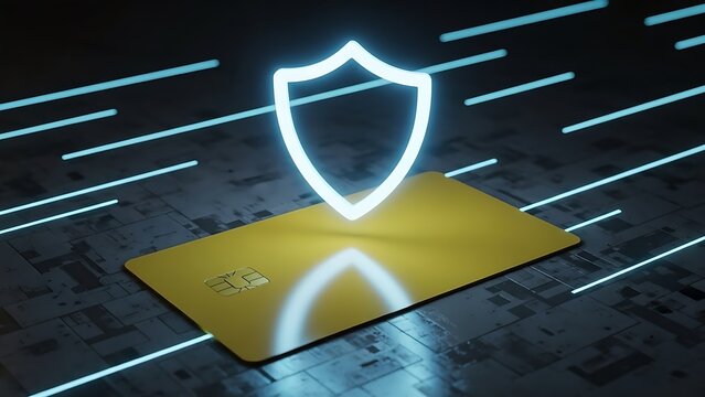 Secure credit card with glowing shield icon and abstract digital background - Powered by Adobe