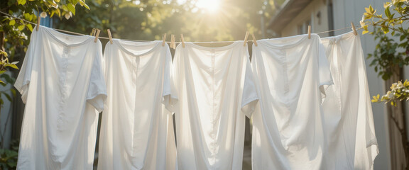 Drying white shirts on a clothesline backyard photography sunny environment close-up view domestic life