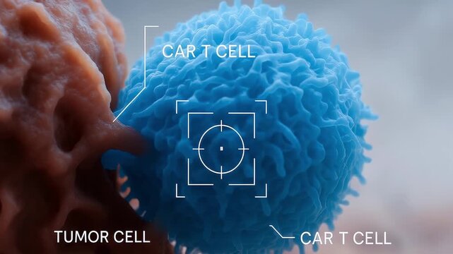 Blue CAR T cell targeting tumor cell with immune cell interaction in microscopic view showing medical research innovation in cancer treatment and detailed cell biology structure