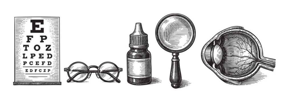 A vintage black and white illustration depicts ophthalmology tools including an eye chart, glasses, eyedropper bottle, magnifying glass, and anatomical eye model.