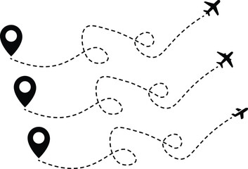 Fototapeta premium Airplane routes flight path vector with location pins. The flight path of the aircraft from the point of location along the dotted line. Airplane line path icon of airplane flight route. Transparent 