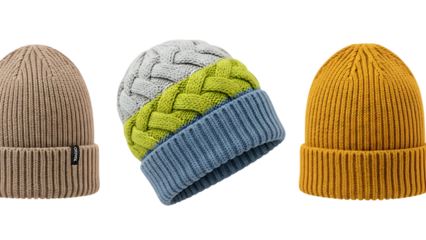 Three colorful knit hats isolated on transparent background