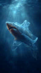 Dark Ocean With Plasticenclosed Shark, Ghostly Shark Wrapped In Plastic Moves Through Deep Waters