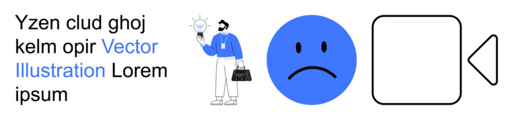 Fototapeta premium Creativity, business planning, emotional expression, multimedia, digital interaction, problem-solving. A professional holding a light bulb, sad face and playback icon. Creativity and business