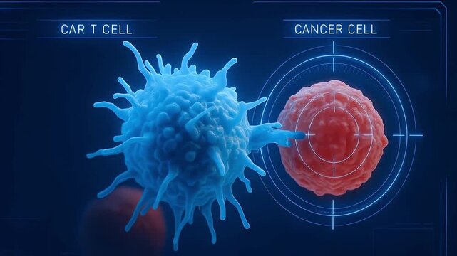 CAR T cell attacking cancer cell medical concept illustration showing immune system fighting disease with detailed cell structure blue red colors scientific biology health immune attack