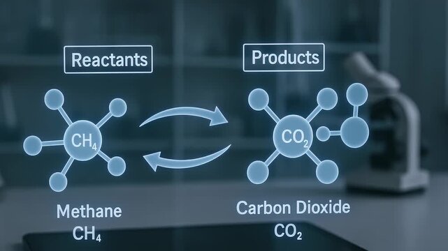 Chemical reaction concept illustrating methane and carbon dioxide molecular structure with reactants and products labels, scientific study showing chemical reaction molecules and formulas CH4 and CO2