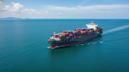 Fototapeta premium A large cargo ship travels through calm blue waters, carrying multicolored shipping containers, viewed from above under a partly cloudy sky.