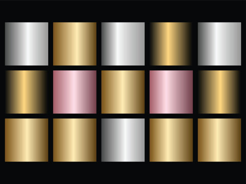 Metallic Gold, Silver, and Rose Gold Gradient Swatches Collection. Vector Illustration.
