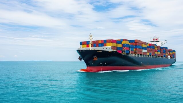 A large cargo ship carrying colorful containers sails through calm turquoise waters under a cloudy sky