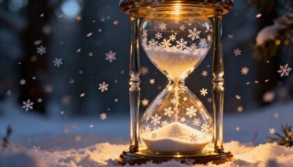 Hourglass on snow surrounded by snowflakes. Winter scene symbolizing time, fleeting moments, and serene, delicate seasonal beauty with soft natural light.