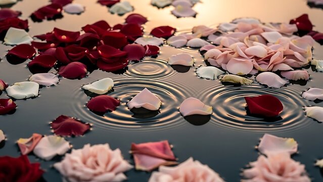 Romantic rose petals floating on water.