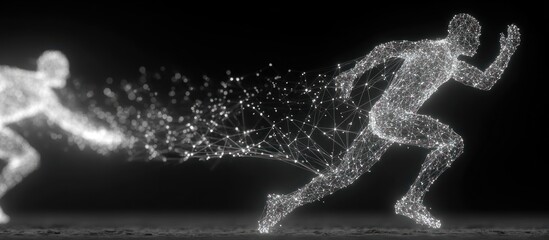 Digital runner, network of glowing points & lines, fading into motion