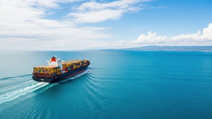 A cargo ship sails across the calm blue ocean under a clear sky with white clouds in the distance