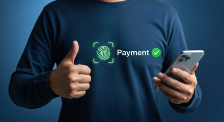 Person wearing blue shirt showing thumbs up while holding smartphone with fingerprint payment symbol, illustrating modern digital transaction concept