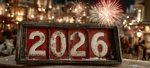 new year's eve celebration background with fireworks and a clock close to midnight. the numbers on the clock display "2026" in a golden color