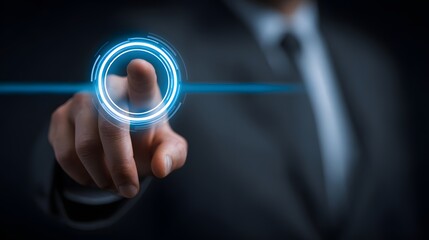 Persons Finger Touching Glowing Circle - Futuristic Technology Concept.