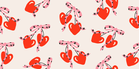 Seamless pattern in sketch style featuring cherry shaped hearts with polka dot bows, for romantic textile or wrapping paper design, vector illustration