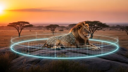 Majestic lion with a digital glowing ring at sunset in africa