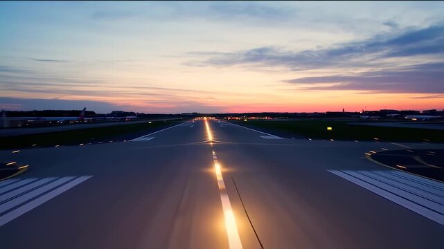 Runway perspective at dusk, golden and white lights guide the path amidst a colorful sky