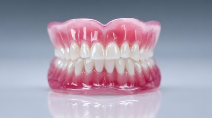 Realistic Dental Prosthesis - A Detailed Close-up of a Full Set of Dentures.