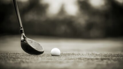 Monochrome Golfing Scene with Club Poised to Strike Ball on Grassy Course