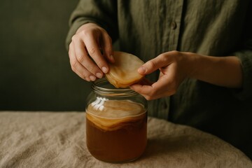 Hands lift the scoby from a jar of fermenting kombucha in a kitchen. The scene shows a natural process of tea fermentation.