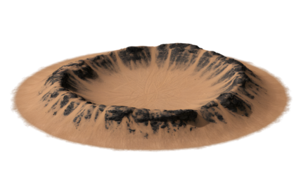 the dramatic impact crater on desert ground  . Isolated on transparent background, png