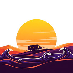 Pixel Art Sunset Road Trip: Retro Van Journey by Ocean Waves
