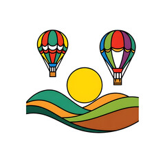 Colorful Hot Air Balloons Flying Over Rolling Hills with Sun - Scenic Travel & Adventure Landscape Illustration