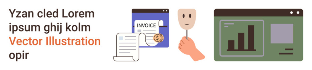 Obraz premium Financial services, data privacy, analytics, digital transactions, security, online documentation. Displays invoice, mask and browser graphs. Finance and data privacy concepts