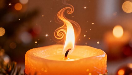 Lit candle with smoke gently rising. Warm, intimate, and calming scene, evoking cozy atmospheres, relaxation, meditation, and serene indoor ambiance.
