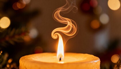 Lit candle with smoke gently rising. Warm, intimate, and calming scene, evoking cozy atmospheres, relaxation, meditation, and serene indoor ambiance.