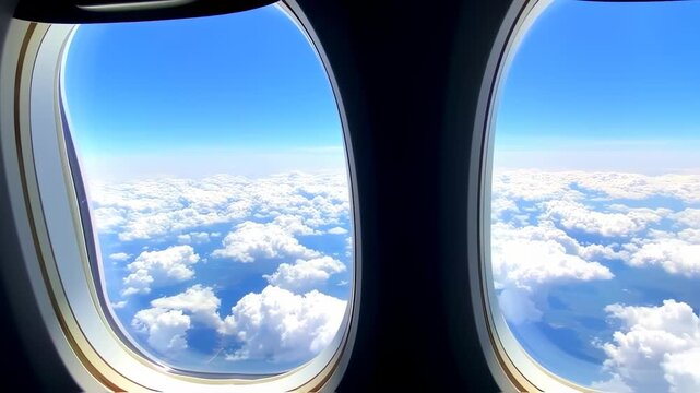 View from an aircraft window featuring blue sky, fluffy clouds, and the surrounding plane interior