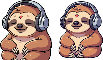 Adorable meditating sloth wearing headphones finds inner peace with closed eyes and a heart symbol © Design