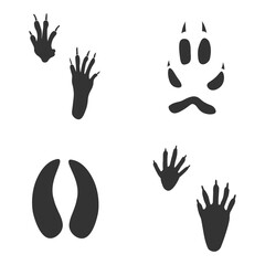 Footprints of  Animal, Traces of a Squirrel, Fox, Raccoon, Deer on white background.  Silhouette animal tracks in gray. Paw Print for your  design. Vector illustration. EPS10.