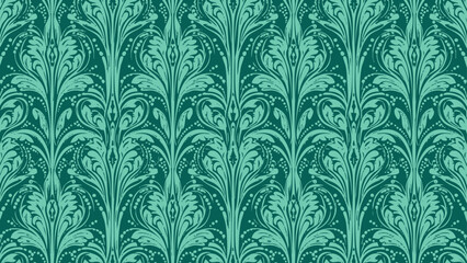 Elegant seamless vintage wallpaper pattern in deep teal and light turquoise botanical damask style