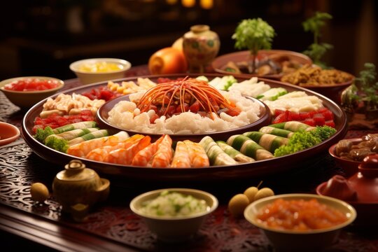 Large platter of poon choi, a traditional layered cantonese dish, often served during festivals and celebrations like chinese new year
