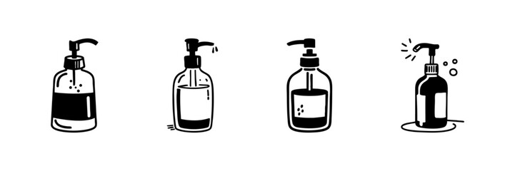 Obraz premium Soap Dispenser Bottles In Hand Drawn Style Set. Hygiene, Handwashing, Liquid Soap, Sanitizer Doodle Sketch Collection. Personal Care Essentials. Isolated Vector Illustration