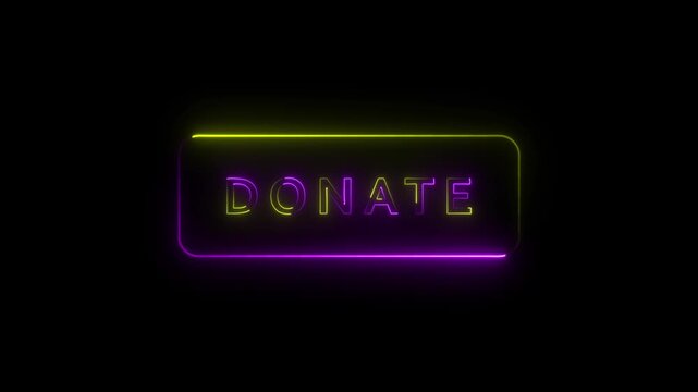 Neon Donate Button With Yellow And Purple Lighting On Black Background glowing